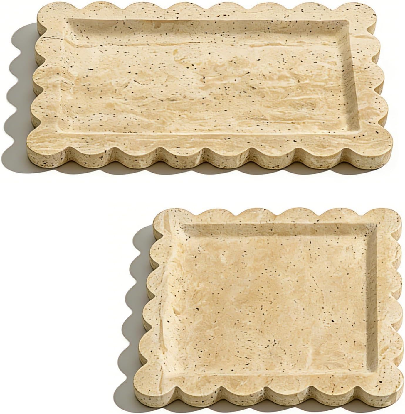 Luxury Italian Travertine Scalloped Tray for Home Decor Stone Tray for Bathroom/Kitchen/Candle Key Vanity Storage Tray Rectangle Beige