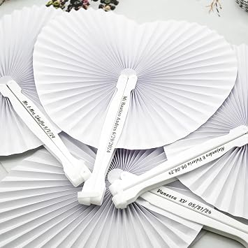 Personalized Heart Shaped Folding Fans, White Paper Fans for Wedding, Custom Handheld Fan with Plastic Handles for Decorations, Bridal Party Favors Baby Shower Party Gifts-50Pcs