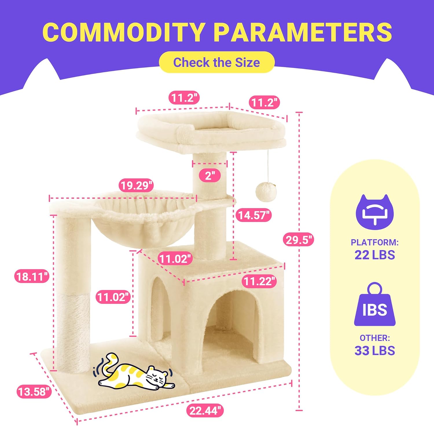 Allewie 29.5in Indoor Cat Tree, Multi-Level Cat Tower with Sisal Scratching Posts, Padded Perch, Basket, Condo, and Hanging Ball, Suitable for Kittens and Adult Felines,Beige