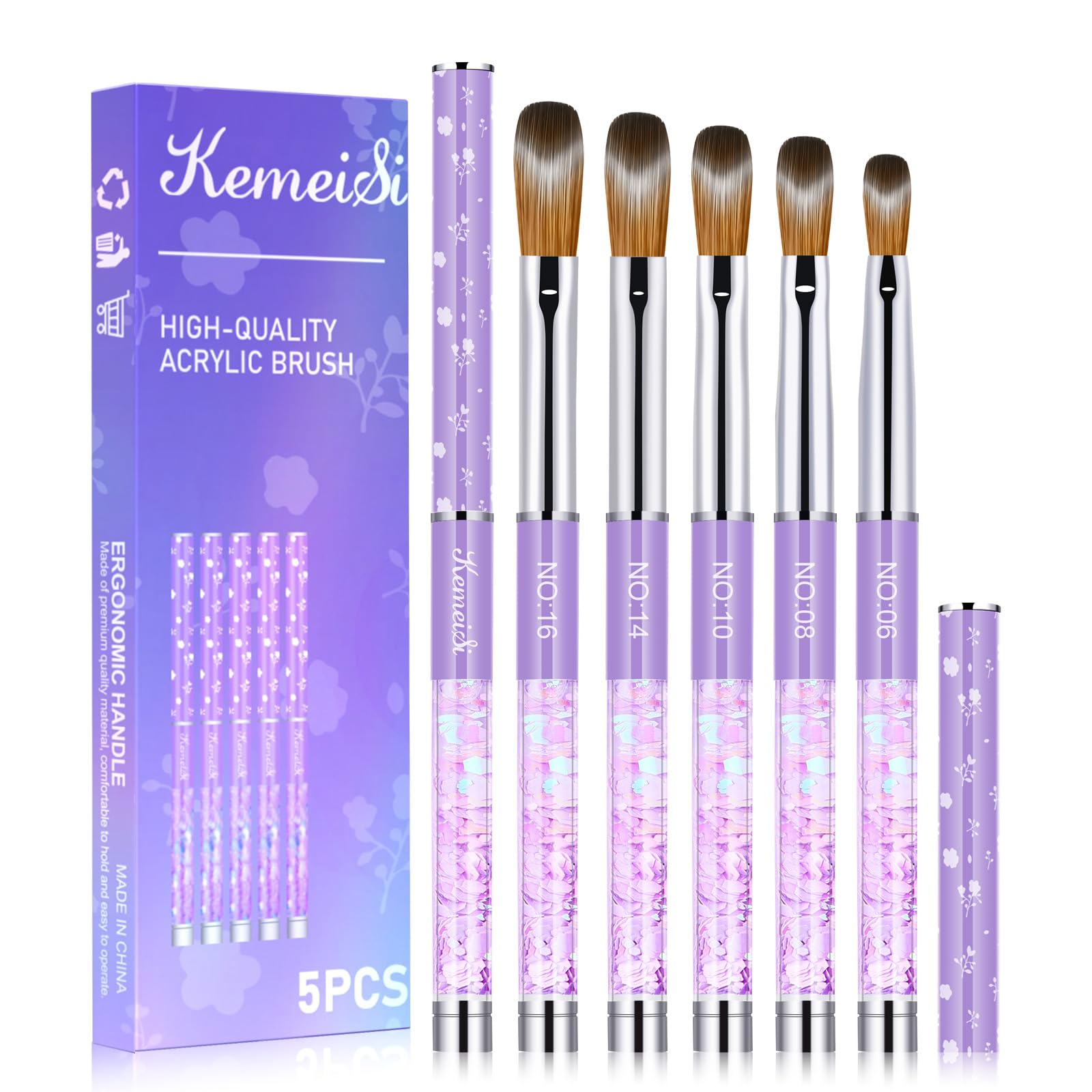 KEMEISI5PCS Acrylic Nail Brush Set, Size 06/08/10/14/16 Kolinsky Nail Art Brushes for Acrylic Application, Sturdy Handle Oval Shaped Acrylic Powder Nail Design Tools for Professional Manicure DIY