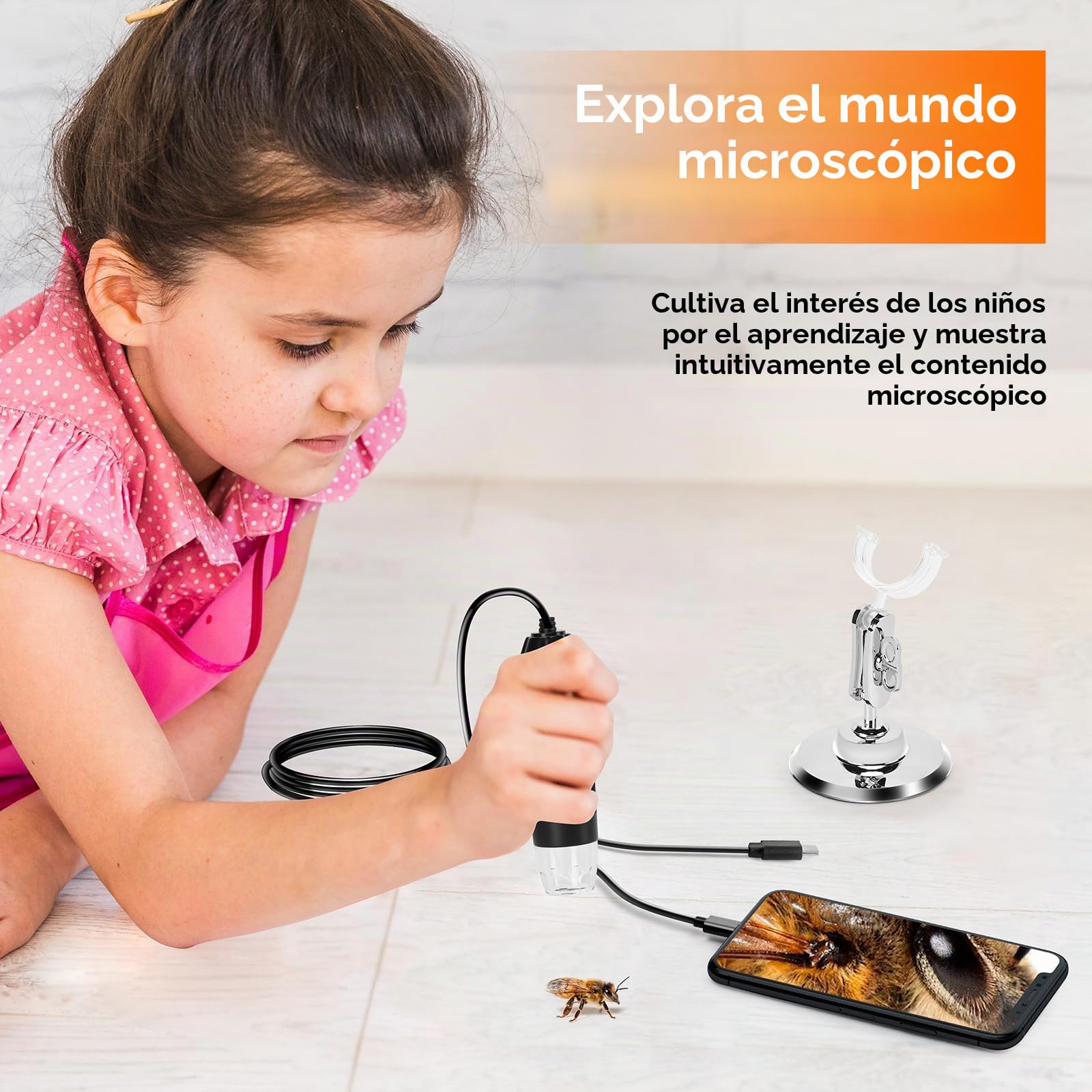 WADEO Microscopio Digital de Mano, microscopio USB 1440P HD con Aumento de 50X-1600X, cámara de inspección portátil sin WiFi, con Cable con 8 LED y Soporte, Compatible con iOS, Android y tabletas