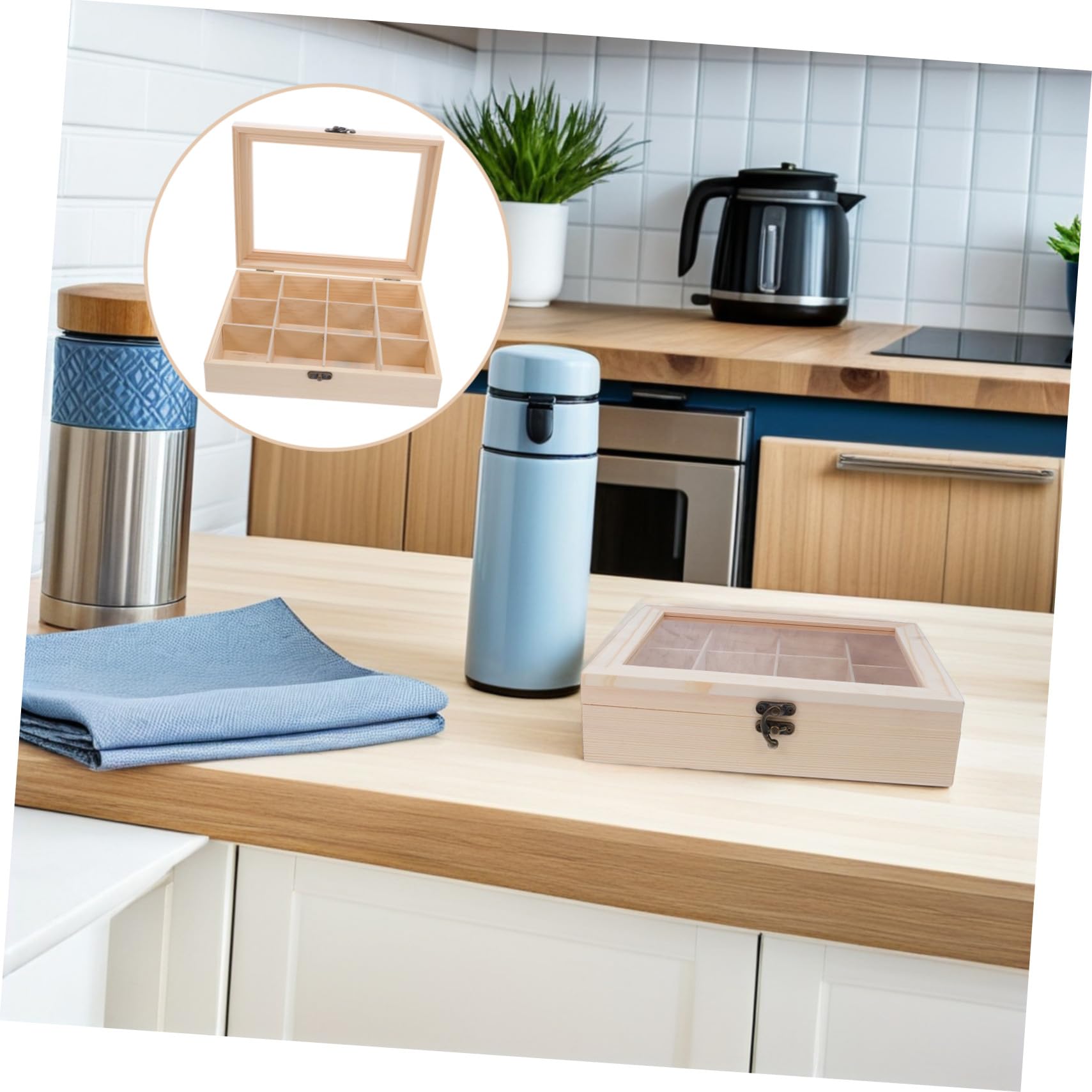 Caja Organizadora de Té de 12 Compartimentos Beige 10 , 24x7, 68x2, 36 | Madera PC y Acero Inoxidable, Estructura con Divisiones Protectoras, Formato Compacto para Armario y Despensa