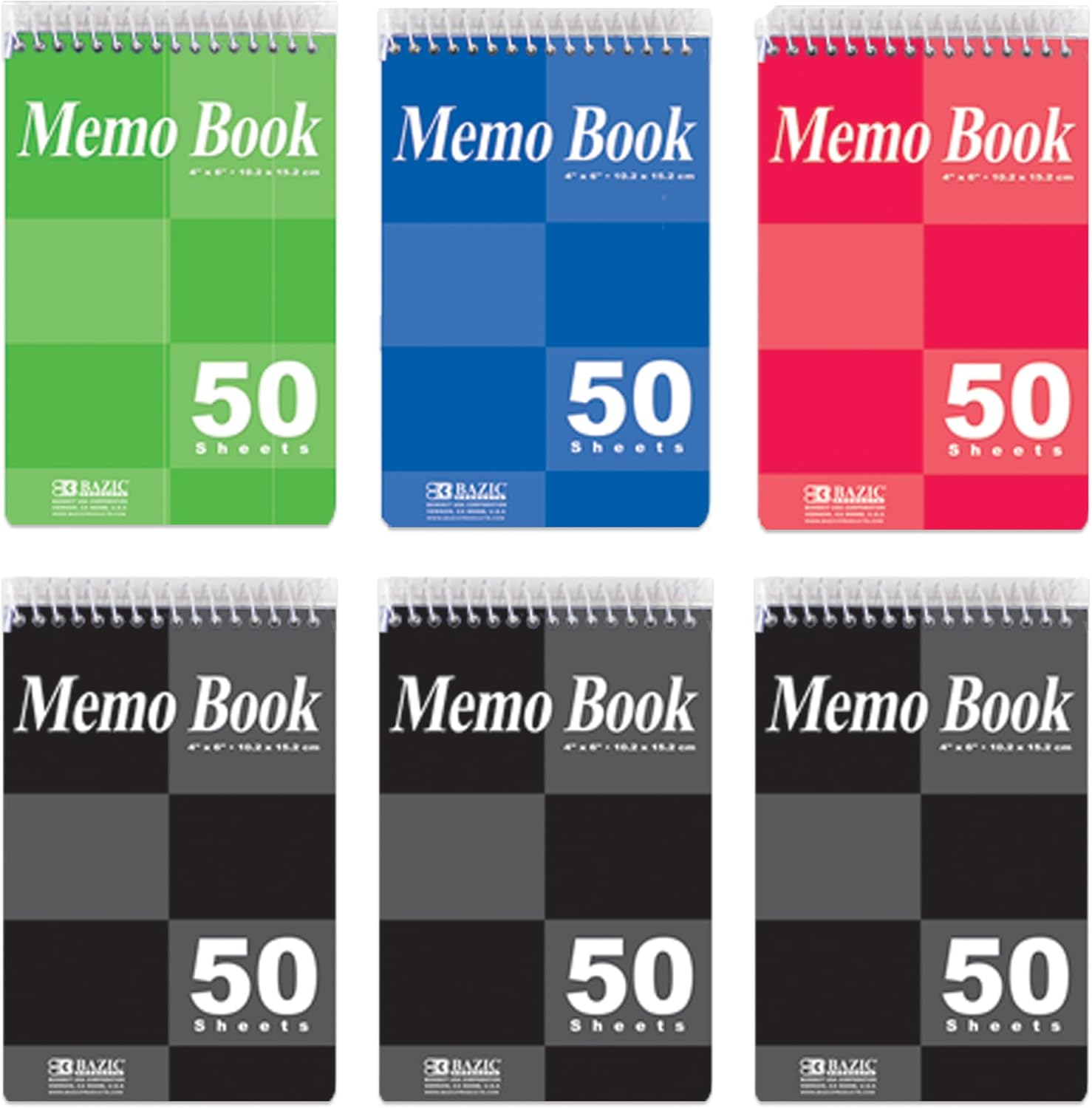 BAZIC Products Small Notebook Memo Size Pad, 4"x6" Spiral Top Bound, 50 Sheets Wirebound Pocket Personal Notebooks, Assorted Color, Total 48 Count