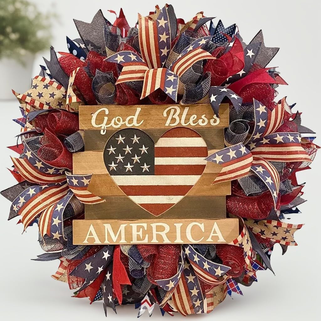 4th of July Patriotic Wreath - Red White & Blue American Flag Decor, Independence Day Farmhouse Wreath with Burlap Bow, Memorial Day & Summer Holiday Front Door Garland (F)