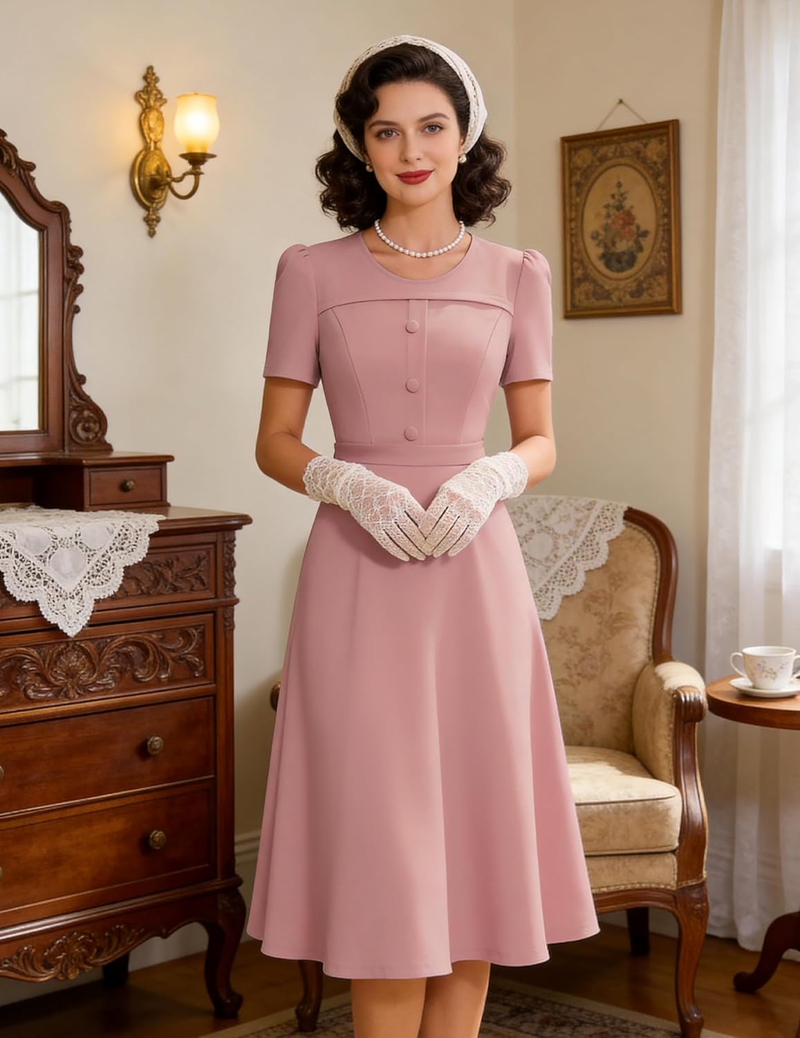 Wedtrend 1950's Vintage Dresses for Women Modest Church Dress with Pockets Short Sleeve Tea Party A-Line Cocktail Dresses