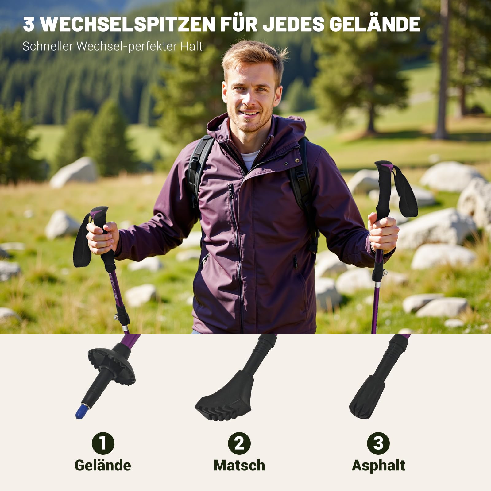 Bâtons de marche nordique pour homme et femme - 2 bâtons de randonnée télescopiques pliables et réglables de 110 à 130 cm - Bâtons de marche de qualité supérieure en aluminium avec 3 paires de tampons