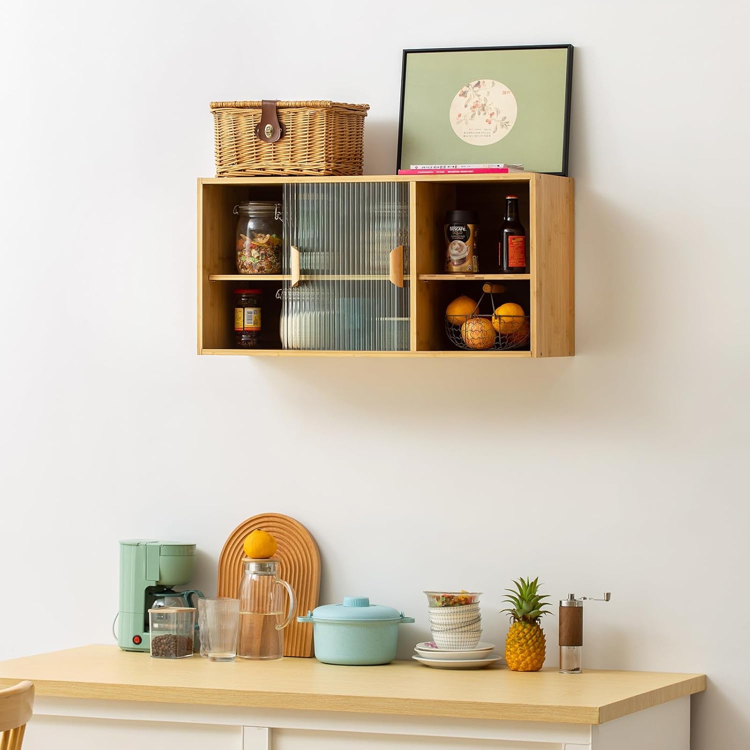 Tiita Small Kitchen Pantry Cabinet, Bamboo Wall Sideboard with Glass Doors, Cupboard Food Pantry Cabinet for Kitchen, Living Room and Dinning Bedroom