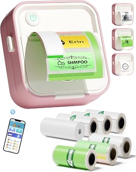 Label Maker Machine, HD Mini Sticker Printer with 7 Rolls Paper, Portable Thermal Print Pod Supports 12-57mm Papers, Bluetooth Pocket Printer for Home, Kitchen, School Light Pink
