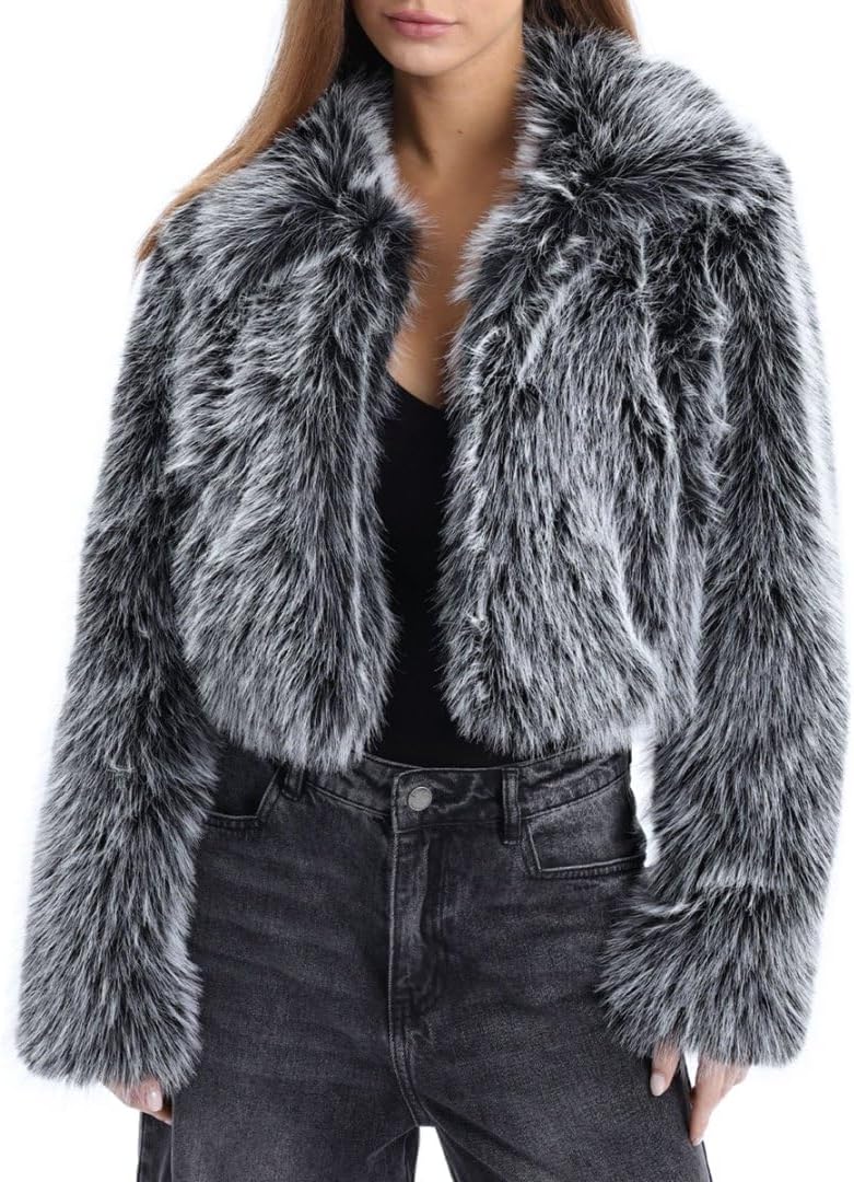 Amazhiyu Women's Faux Fur Cropped Coat Winter Open-front Long Sleeve Jackets Warm - Image 4
