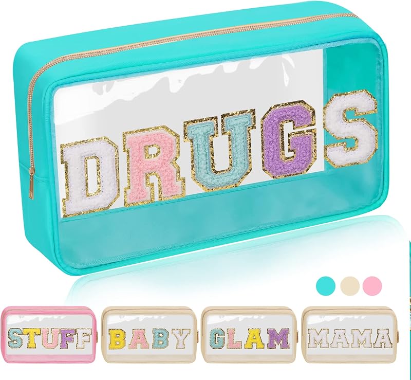 Necessaire de maquiagem Iqimott Drugs-Green com estampa de letras, nylon e PVC, fechamento por zíper