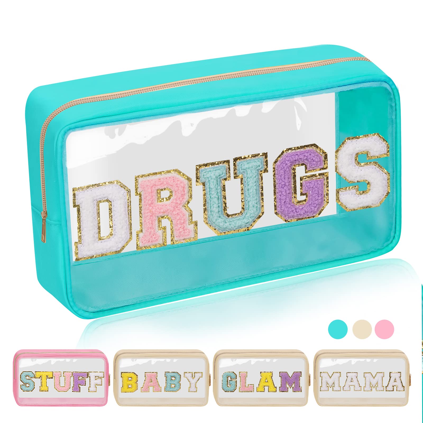Iqimott Clear Patch Makeup Bag Drugs Pouch, Preppy Personalized Chenille Letter Cosmetic Pouch for Travel, Nylon Waterproof Organizer Travel