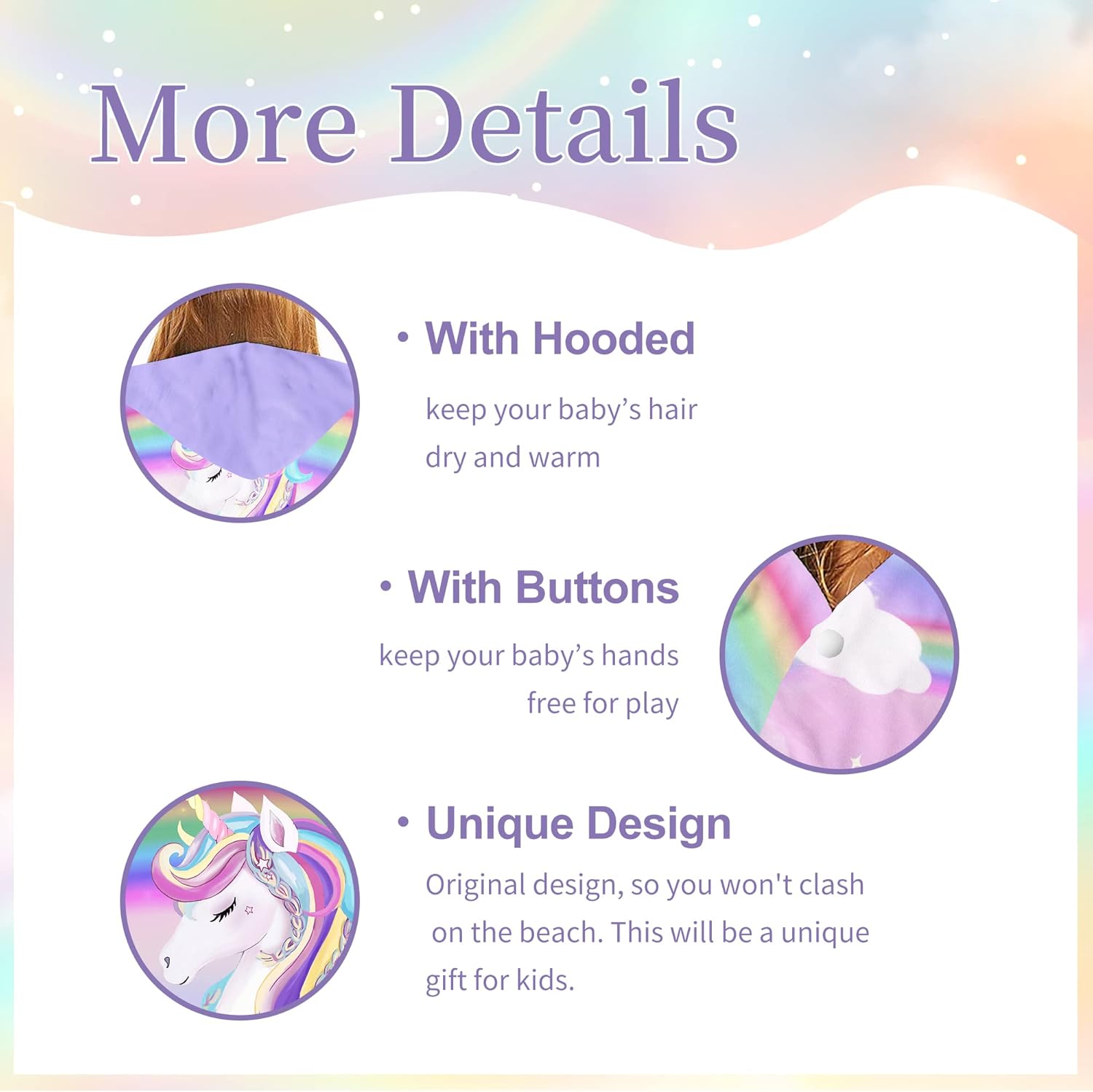 Unicorn Hooded Towel, Unicorn Beach Towel for Girls 30" x 50", Pink Rainbow Microfiber Absorbent Quick Dry Bath Swim Pool Towels Poncho Bathrobe with Hood for Kids Toddler - Image 3