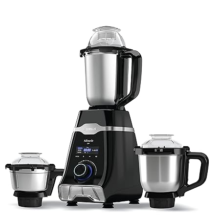 Havells Mixer Grinder Silencio | Powerful HVDC Motor |Hands Free Operation | Triple Safety Protection | Double Layered Jars | Smart Digital Control | 5 Year Motor Warranty – 3 Jar (Black)