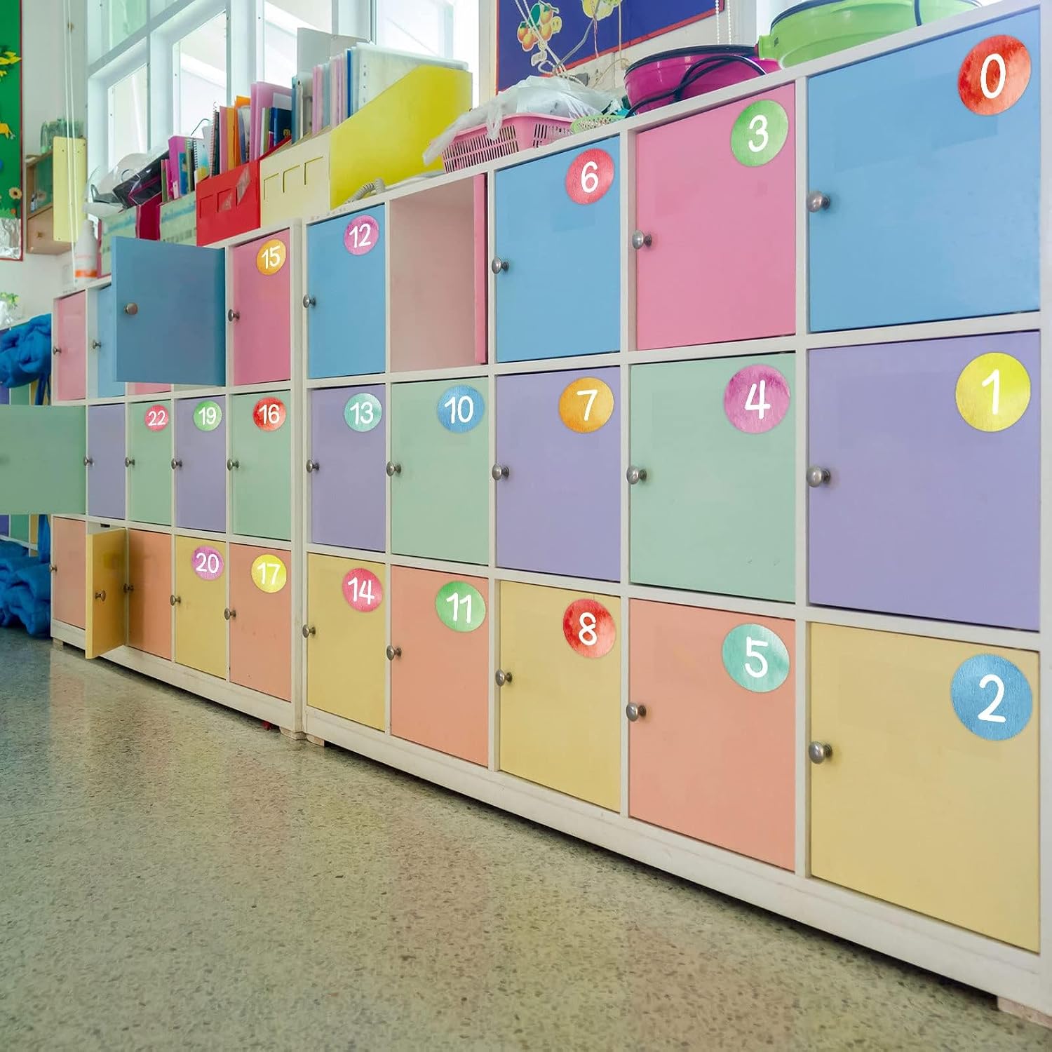 48PCS Watercolor Numbers Stickers Classroom Decorations Colorful Mini Dots Number Spot Markers Stickers Watercolor Classroom Labels Accents Cutouts for Preschool Elementary School Floor Decoration