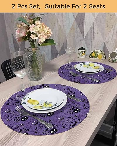 Miniatura 8 de Juego de 2 manteles individuales redondos de Halloween, diseño de murciélagos de calabaza fantasma, manteles individuales tejidos lavables con