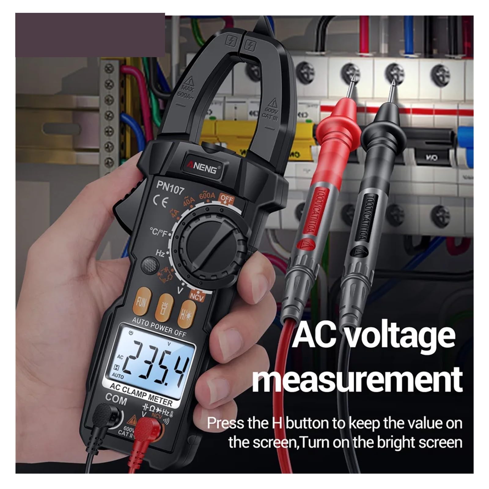 PN107 Digital Clamp Meter 600A AC Current Tester Voltmeter Ammeter NCV Diode with Temperature Frequency Professional Tool(Black Pro)