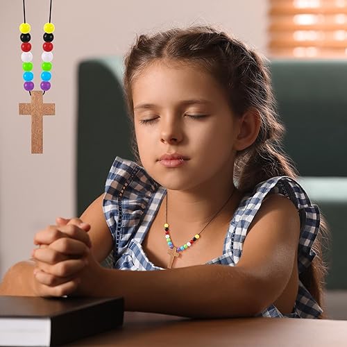 Miniatura 4 de Kathfly Collar con colgante de cruz de madera en cordón de madera para bricolaje, collar de cruz de nogal con cuentas coloridas surtidas para