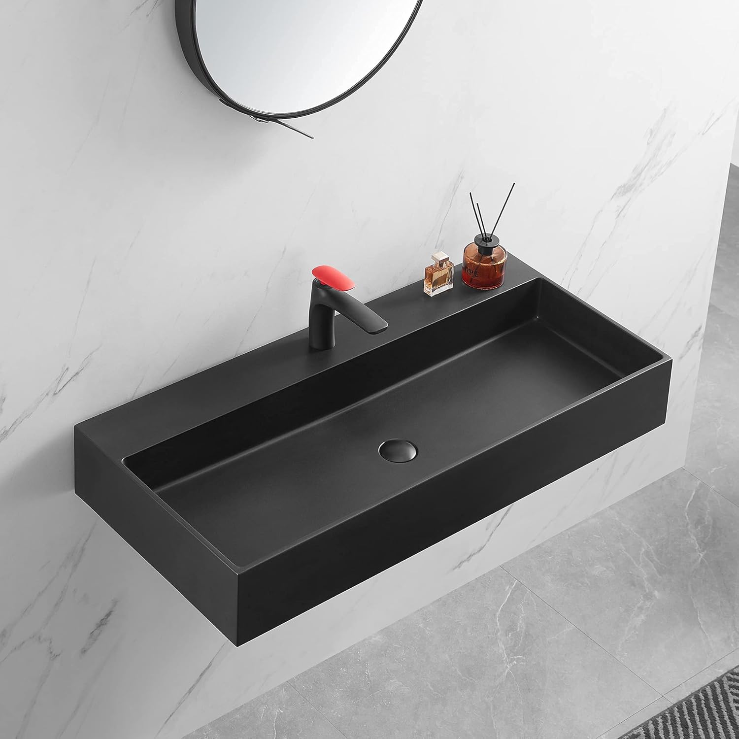 Serene Valley Bathroom Sink, Wall-Mount Install or On Countertop, 40" with Single Faucet Hole, Premium Granite Material in Matte Black