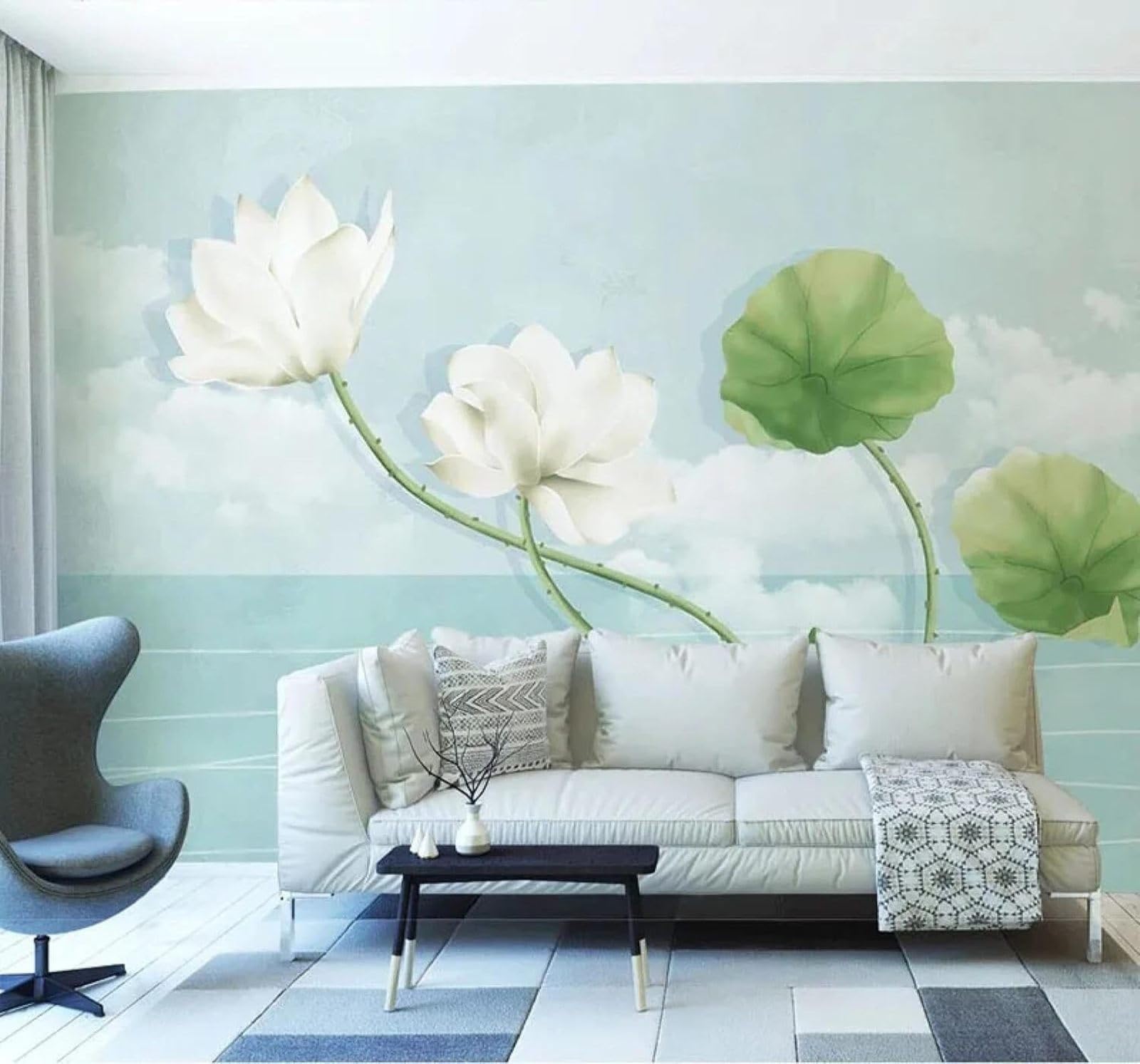 XLMING Fresh Minimalist Three Dimensional White Lotus Lotus Leaves 3D Wallpaper Premium Textured Silk Study Dining Living Room Bedroom Sofa TV Wall Easy Install-150cm×105cm