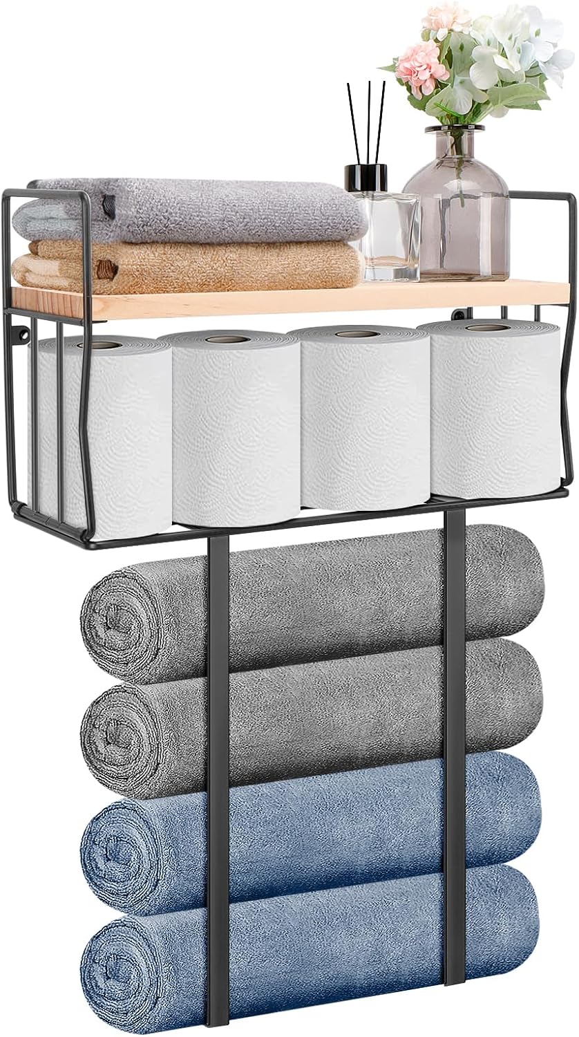 Livabber Towel Racks for Bathroom, Metal Towel Storage Holder for Roll Towels, Wall Mounted Towel Organizer with Storage Basket and Wooden Shelf for Small Spaces (Black)