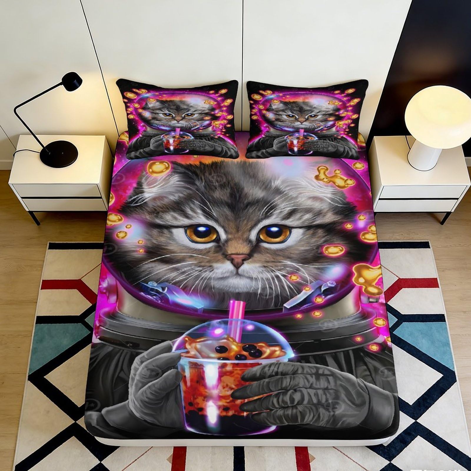 3D Printed Bubble Tea Cat Fitted Sheet Microfiber Vibrant Space Astronaut Bed Cover for Bedroom Dorm Decor 90x200x25cm