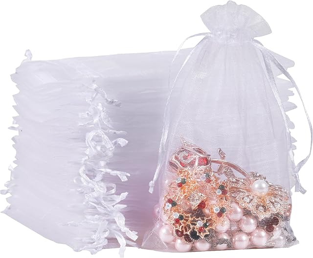 RFWIN 50PCS Organza Bags White 10x15cm Gift Jewelry Pouches Wedding Favour Bags Drawstring Lavender Bag for Birthday Party Christmas Candy Mesh Bags