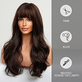 HAIRCUBE Long Brown Wig with Bangs Wave Curly Wigs for Women 26 inch Heat Resistant Natural Synthetic Wig for Daily Use