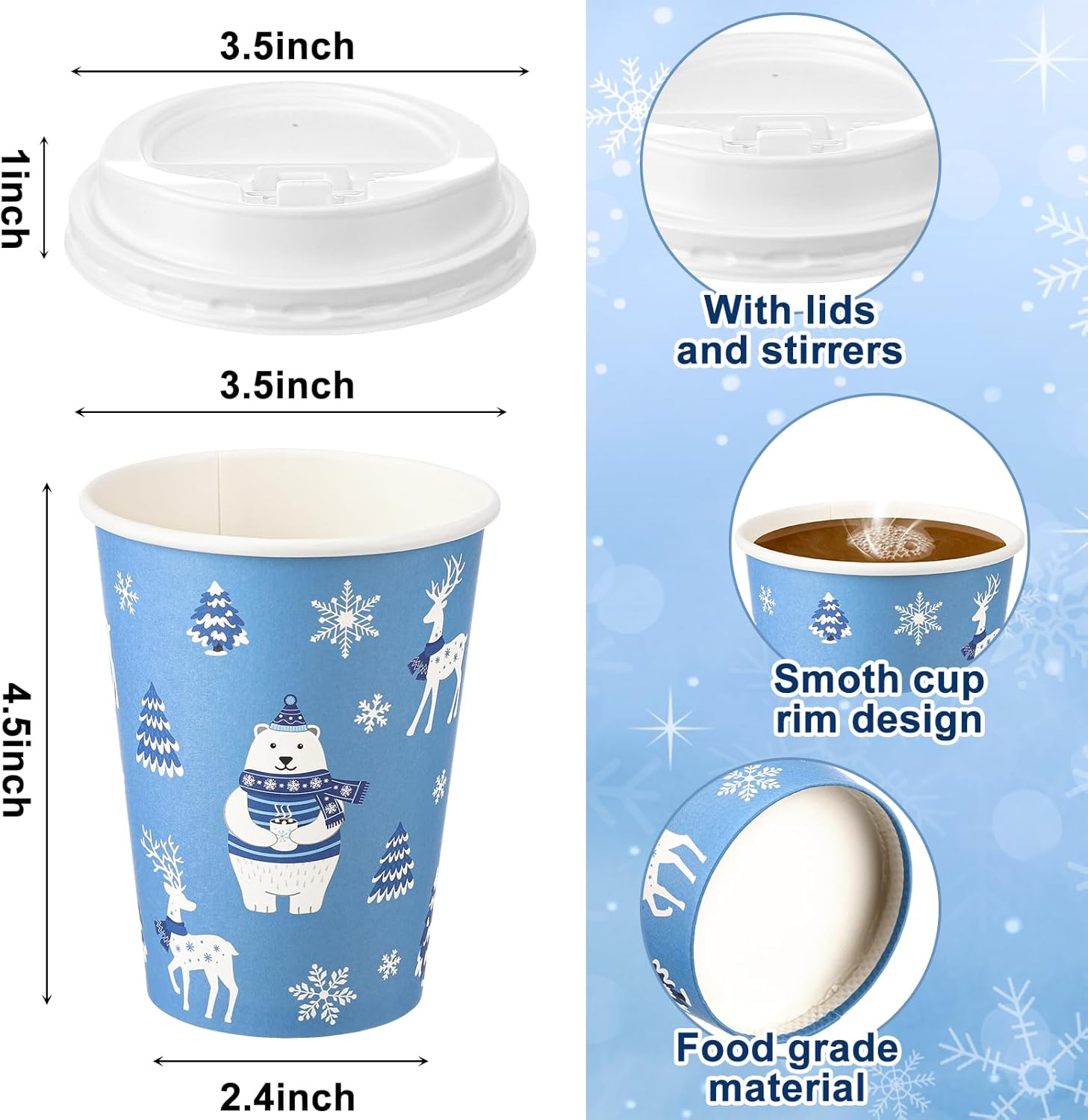 100 Pack Blue Winter Wonderland Disposable Coffee Cups with Lids, 12oz Snowflake Snowman Paper Cups for Winter Xmas Party Supplies