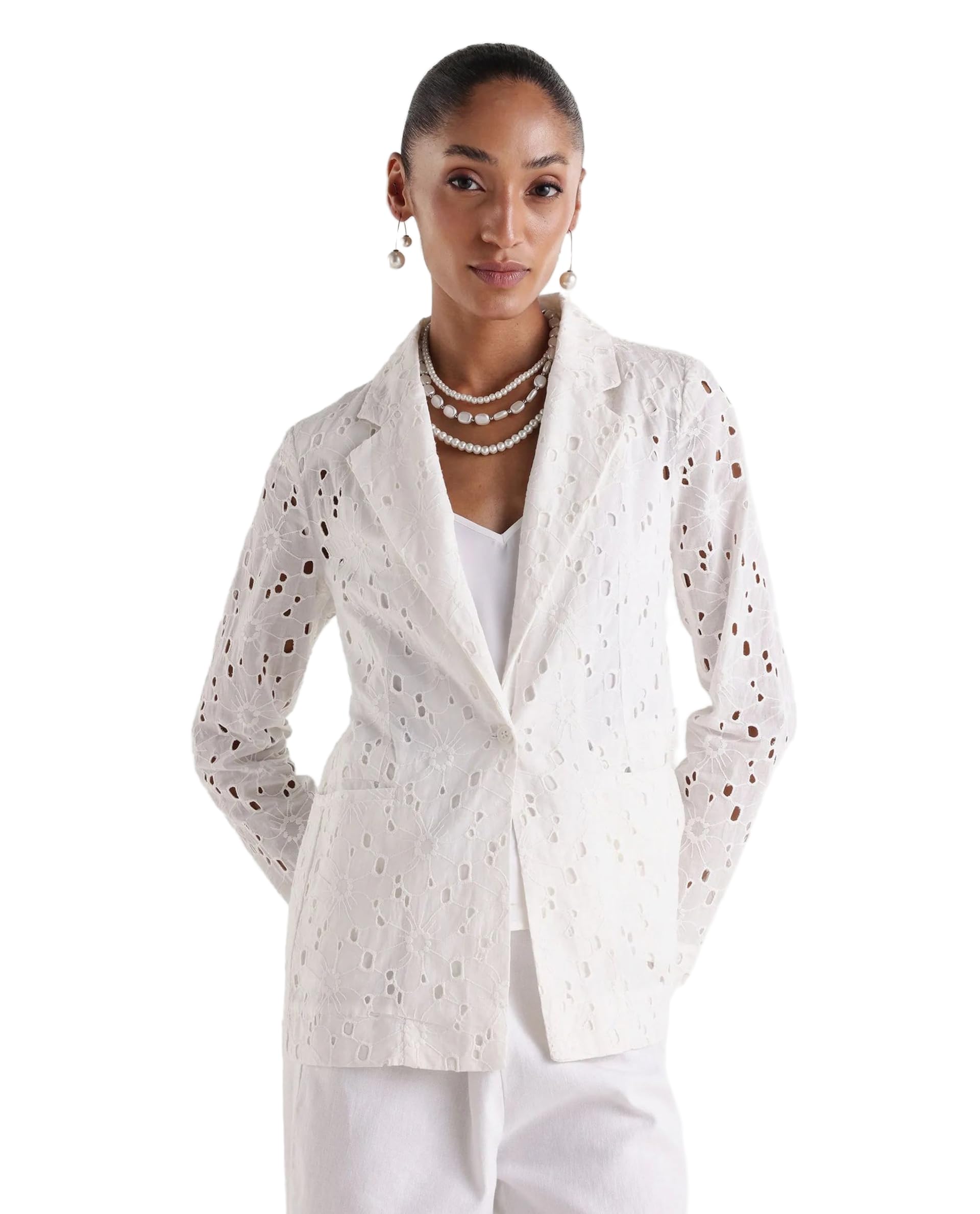 rareism Women Regular Fit White Floral Cotton Notch Lapel Long Sleeve Blazer-picture-11
