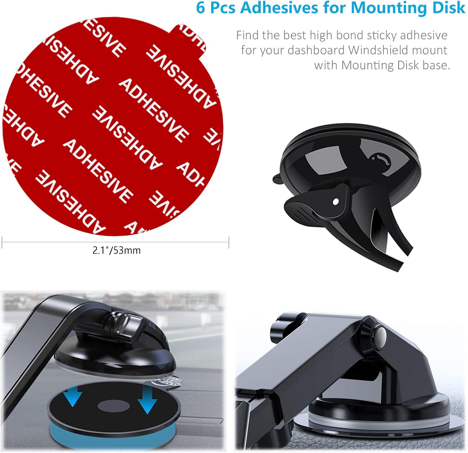 Dashboard Pad Mounting Disk Sticky Adhesive Replacement Kit, PKYAA 6pcs 2.1"(53mm) Circle Heat Resistant Double-Sided Stickers for Suction Cup Car Phone Holder Disc & Windshield Dash Cam