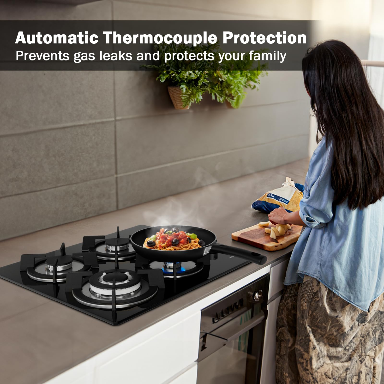 IsEasy Gas Hob 4 Burners - Black Plug in NG/LPG Gas Hob, 7800W 4 Cooking Areas Built in Glass Cooktop Hob 60cm with Cast Iron Pan Support, Thermocouple Protection, Integrated Ignition — view 6