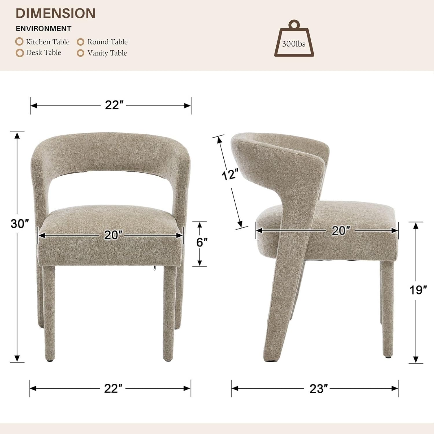 Modern Upholstered Dining Chairs Set of 6, Comfy Curved Backrest Kitchen Chairs, Chenille Accent Side Chairs Dinner Chairs with Fabric Covered Wood Legs for Dining Room Living Room, Oatmeal 6PCS