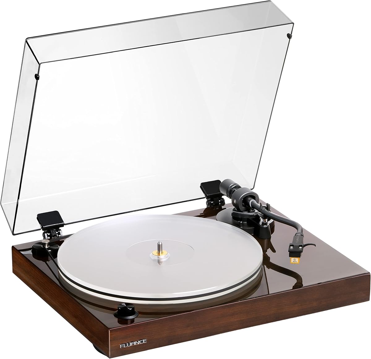 Reproductor de discos de mesa giratoria de vinilo de alta fidelidad de referencia Fluance RT85N con cartucho Nagaoka MP-110, placa de acrílico, motor de control de velocidad, pedestal de madera MDF de alta masa, pies de aislamiento de vibración - Nuez