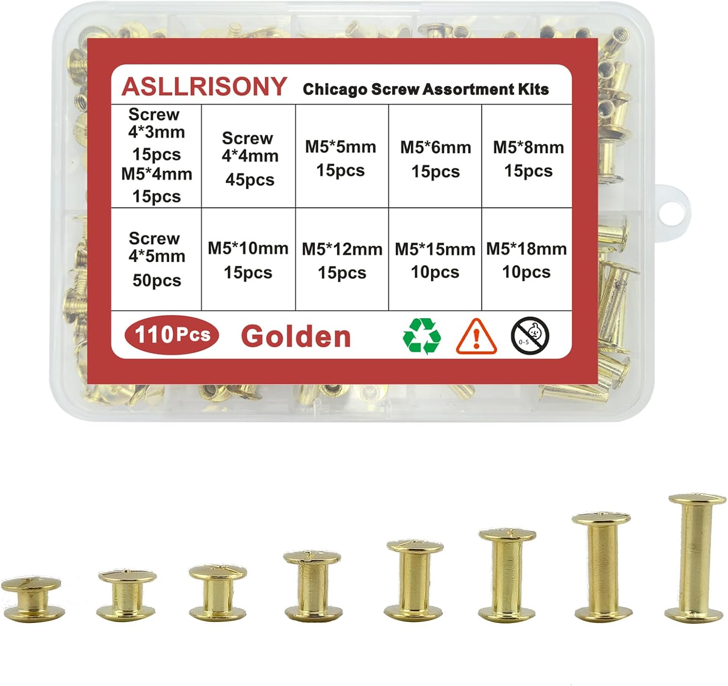 180 Sets Silver Chicago Screws Assorted Kit, 5 Sizes of Round Flat Head Leather Rivets Metal Screw, Used for Leather Crafts, Clothing, Belts, Bags and Custom-Made Items M5-4,6,8,10,12