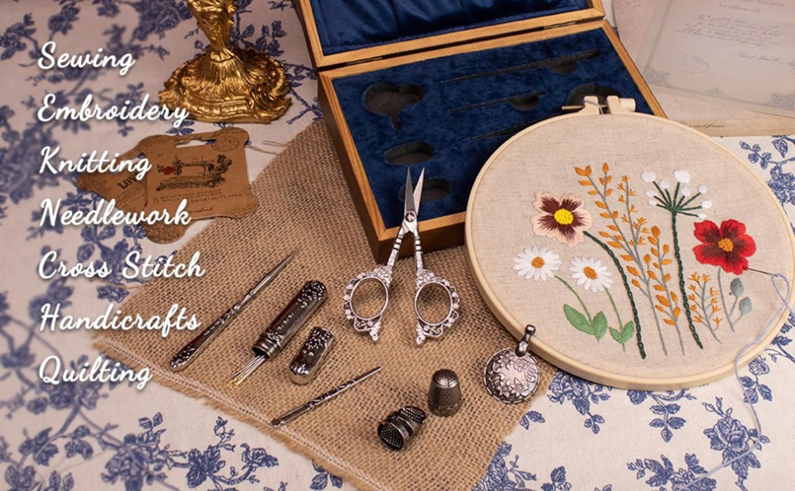 SubsOL Kit de Costura Vintage, Juego Completo de Tijeras para Bordar Antiguas de Estilo Europeo, Suministros para Manualidades DIY de Costura Retro con Tijeras y Agujas(Vintage Silver)