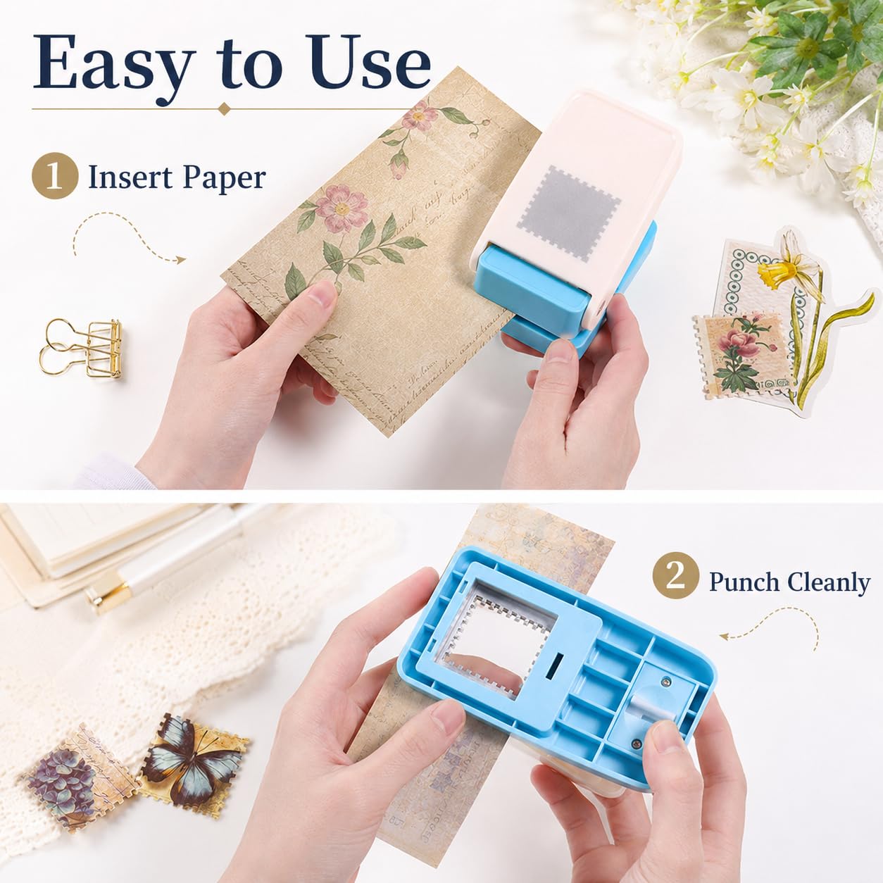1.5 Inch Large Square Postage Stamp Puncher, Stamp Hole Punch, Lever Paper Punches for Crafting, Scrapbooking, Card Making, Journaling and Junk Journal Supplies
