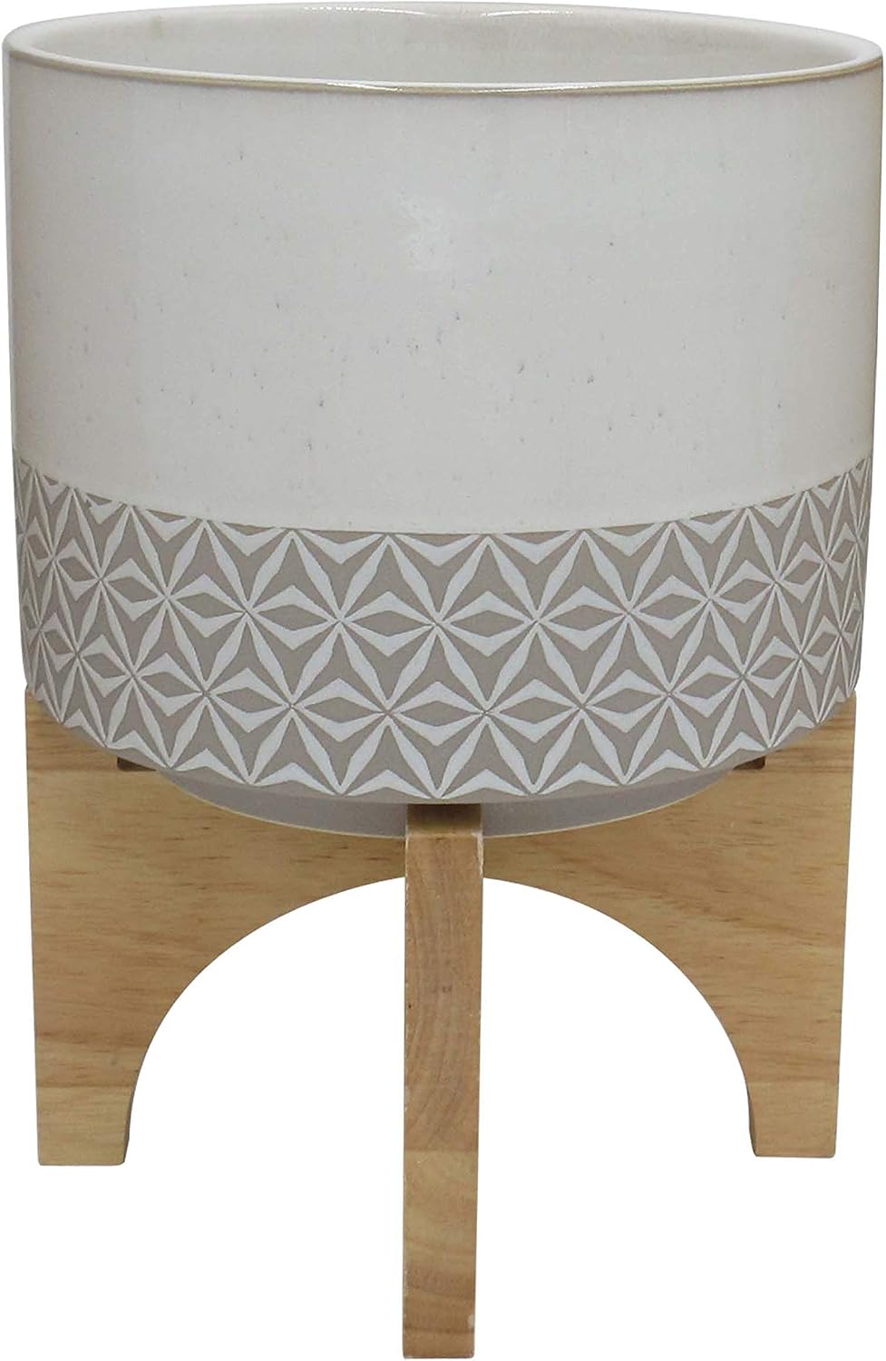 Amazon Brand – Rivet Mid-Century Stoneware Planter with Wood Stand, 13.98"H, Gray and Beige