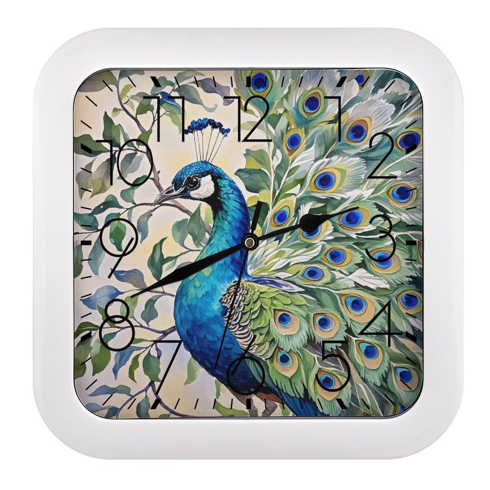 FekiLoot Square Peacock Watercolor Painting Wall Clock Decorative Battery Operated Analog Clocks Silent Non-Ticking Frame Wall Clocks Perfect Kitchen Or Office Clock 10 Inch