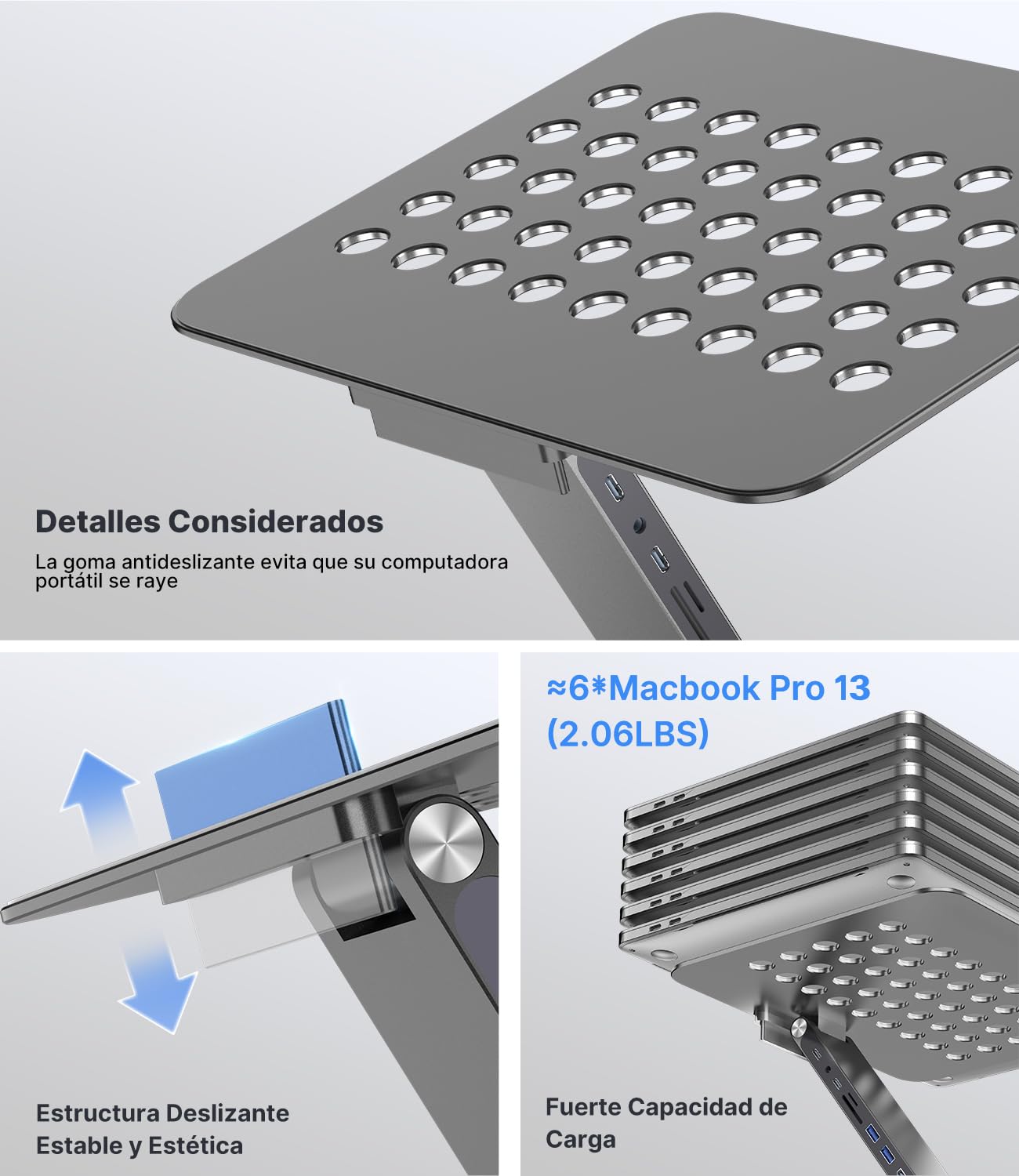 KU XIU Soporte Ajustable Portátil con Estación de Acoplamiento 8-en-1 | Soporte Aluminio con Hub USB, Base Giratoria de 360°, Doble Pantalla 4K USB3.0 PD100W Para todos los portátiles de 10-17''