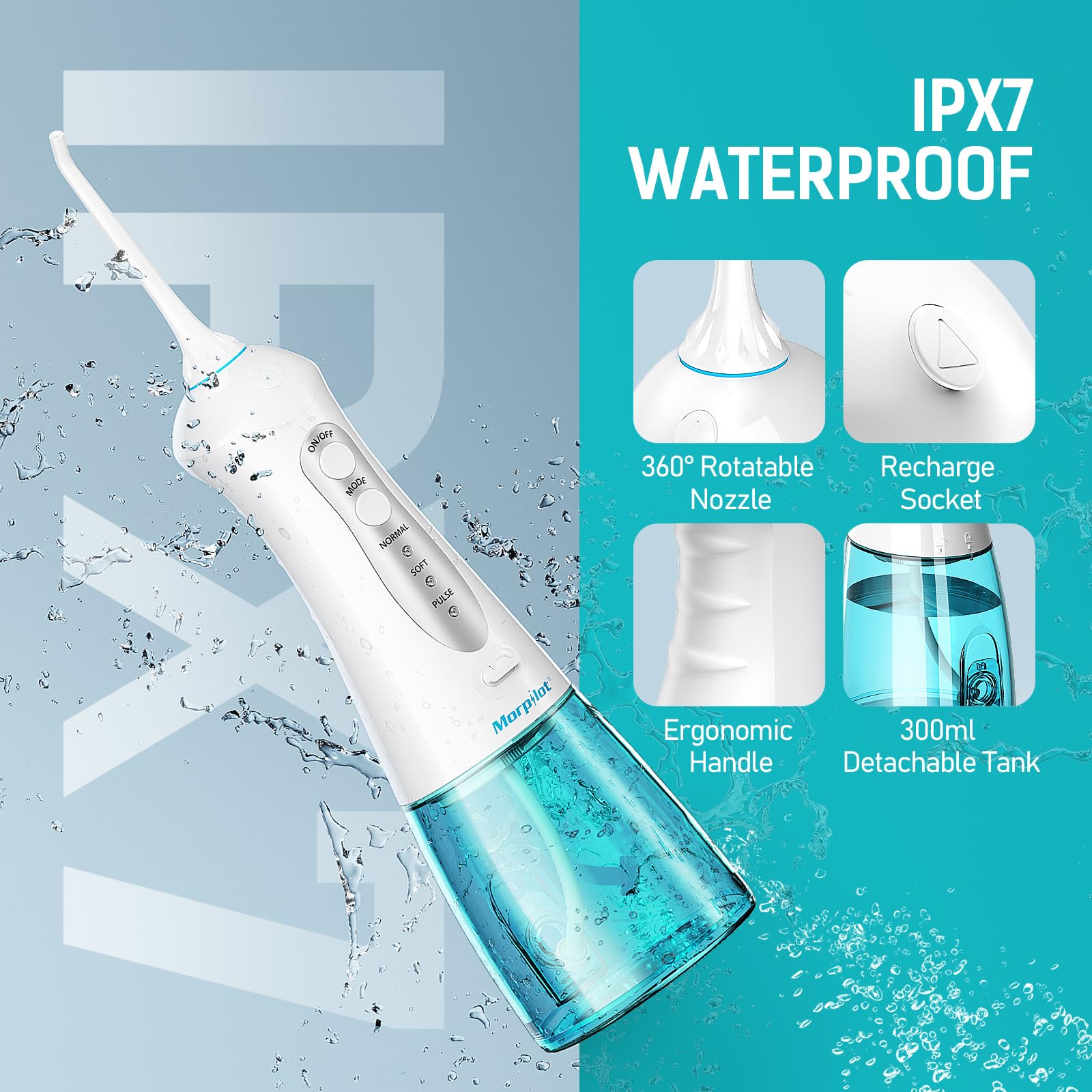 Morpilot Irrigador Bucal Dental Inalámbrico 3 Modos 5 Boquillas IPX7 300ML
