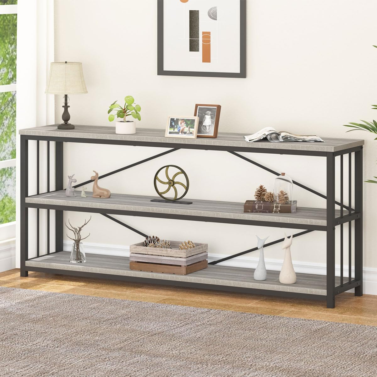LVB Extra Long 3-Tier Sofa Table, Industrial Console Table with Storage Shelf, Modern Rustic Wood Metal Narrow Entryway Table, Skinny Behind Couch Table for Foyer Living Room Bedroom, Light Grey, 70In