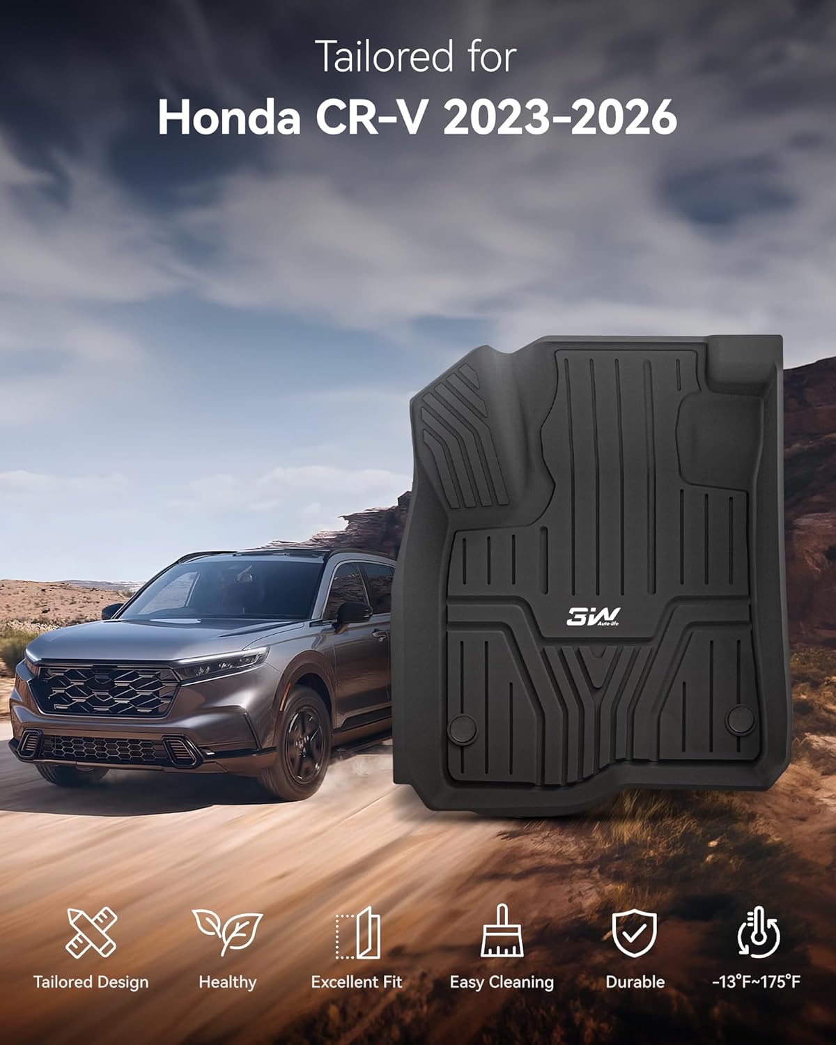 3W Floor Mats & Cargo Liner Fit for Honda CR-V 2023 2024 2025 2026 (Include Hybrid), All Weather TPE Custom Fit Honda CRV Floor Liner 1st, 2nd Row and Trunk (Upper Positon) Full Set Car Mats Black - Image 9