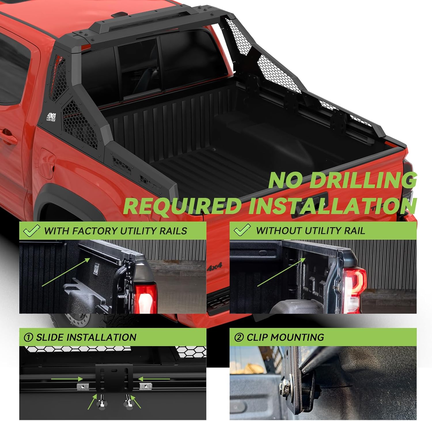Adjustable Sport Roll Bar Compatible with Retractable Hard Tonneau | Compatible with Mid-Size Trucks Tacoma, Ranger, Colorado, Canyon, Frontier | No Drilling Installation | Three Installation Methods