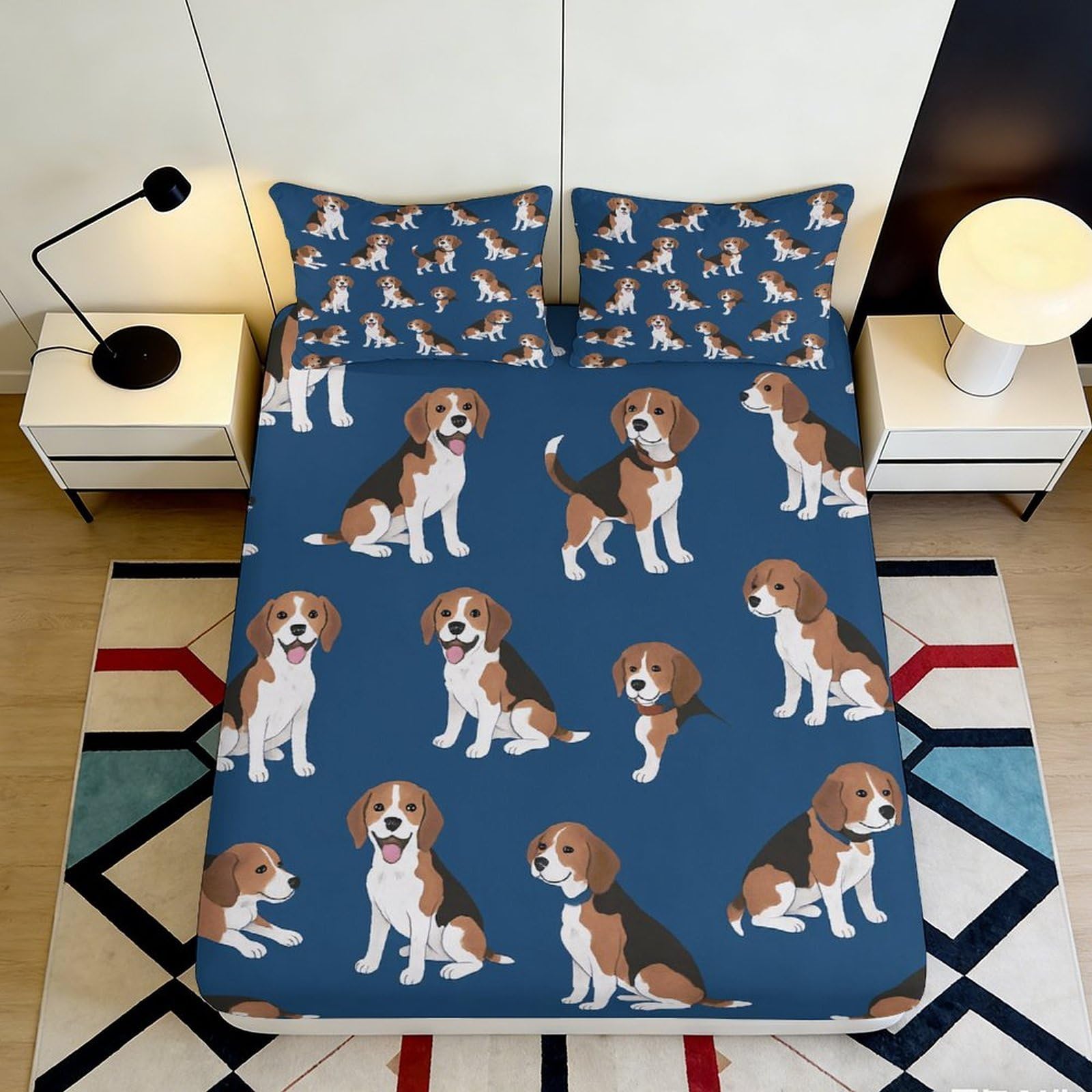 3D Printed Beagle Dog Fitted Sheet Microfiber Soft Durable Brown Blue Bed Cover with Cartoon Puppy Pattern Mattress Cover for Bedroom Dormitory Guest Room 160x200x25cm