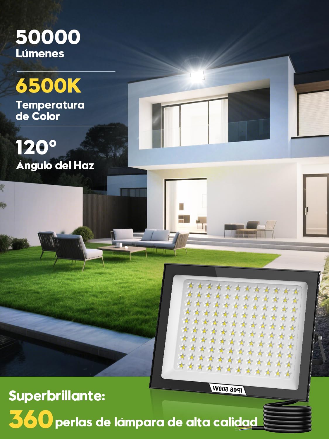 Focos LED Exterior 500W 2 Pieza,50000LM Superbrillante Foco Exterior,6500K Blanco Frío Proyector LED Exter𝐢or,Impermeable IP66 Foco Luz para Jardín, Patios, Garaje, Terraza