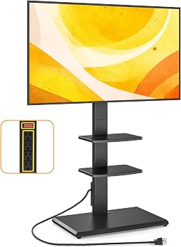 5Rcom Floor TV Stand with 2 Shelves with Built-in Power Outlet,Height Adjustable Solid Wood Base Freestanding TV Mount,Fits 32-75 Inch TVs up to 110 Lbs for Home & Office, Max VESA 400x400mm