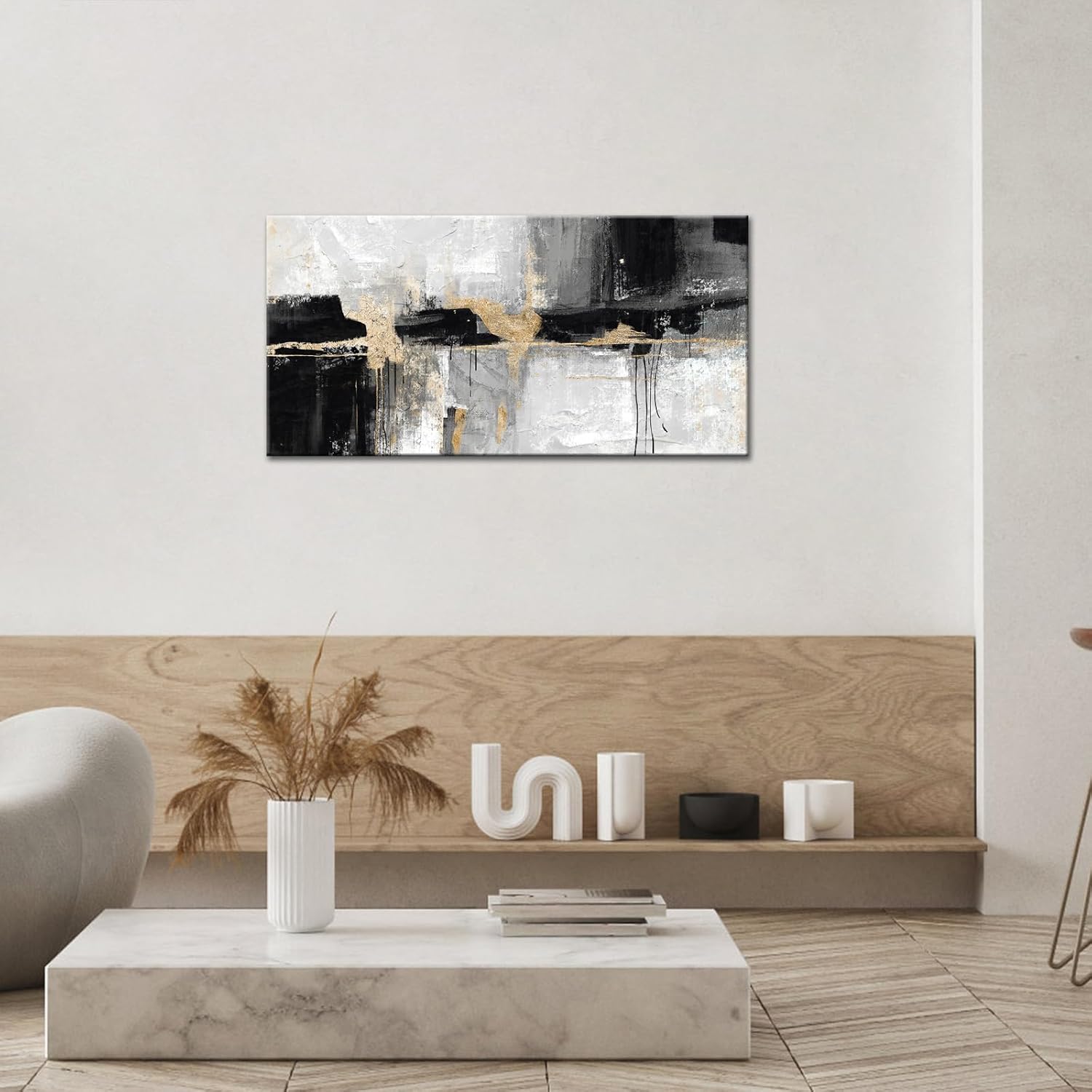 NutArtPic Black and White Canvas Artwork for Walls Abstract Canvas Prints Black Gold Gray Painting with Gold Lines Picture On Canvas Framed For Living Room Home Office Decor 24''x48''