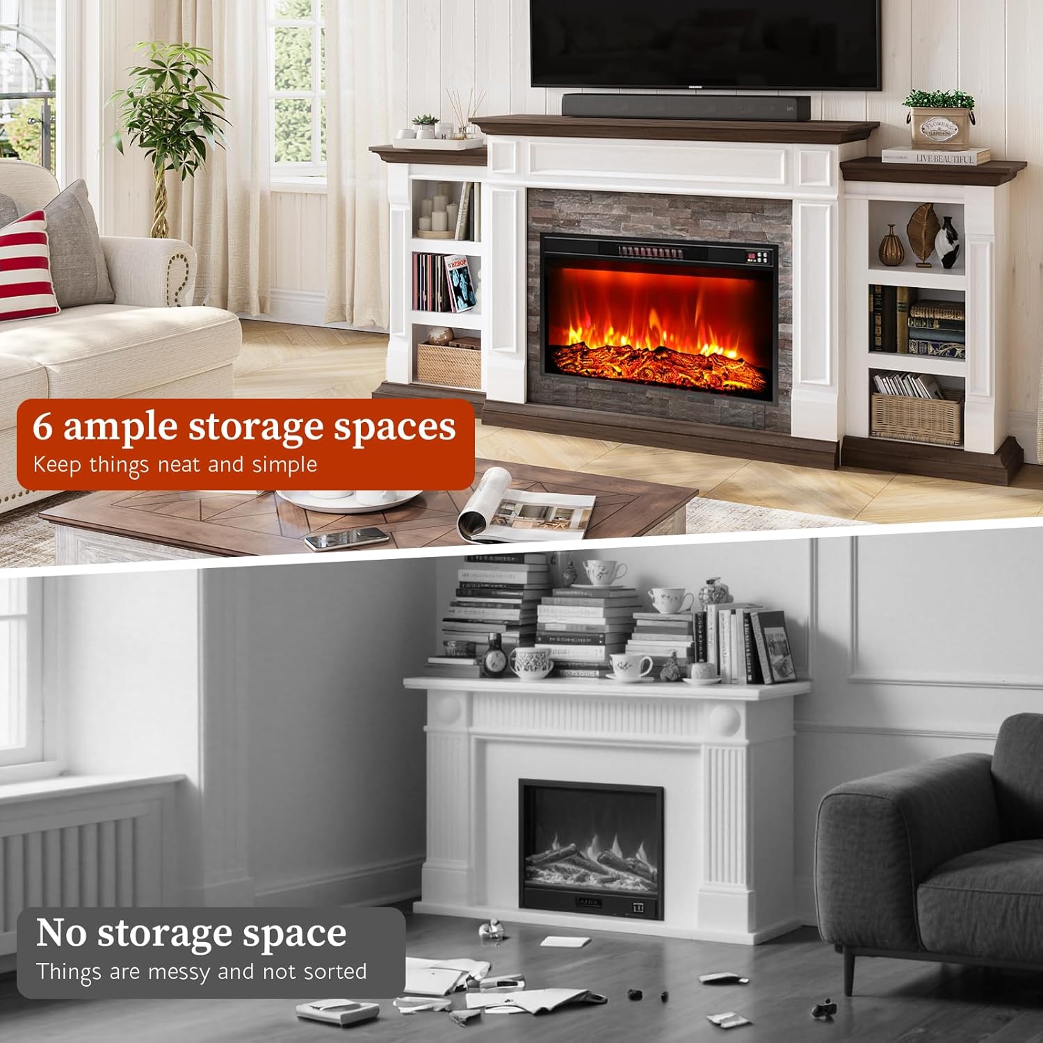 80" Fireplace TV Stand for TVs Up to 90 Inch, Electric Fireplace with Mantel, Farmhouse Entertainment Center with Storage, Fireplace Insert with Realistic Stacked Stone Surround for Living Room