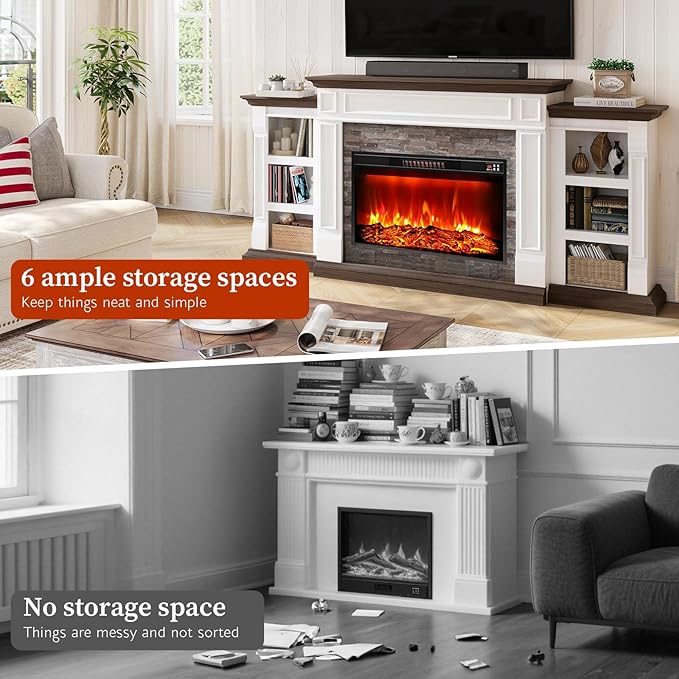 Chimenea Eléctrica 80" con Manto y Soporte TV, Blanco y Marrón miniatura 6