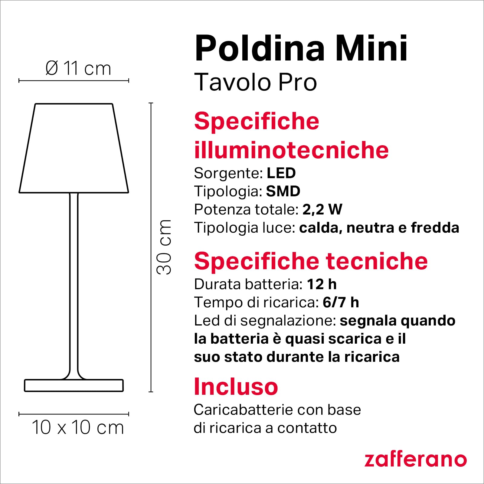 Zafferano, Poldina Pro Mini, Lampada da Tavolo Ricaricabile e Senza Fili con Controllo Touch, Utilizzabile anche come Lampada da Esterni, Dimmer, 2200-3000 K, Altezza 30 cm, Colore Bianco